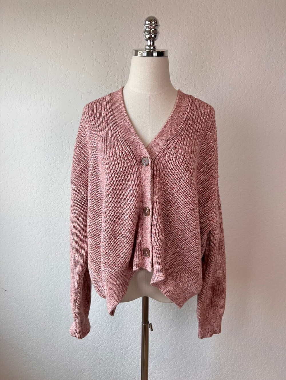 Quince 100% Organic Cotton Fisherman Boxy Cropped Cardigan Marled Rose Large